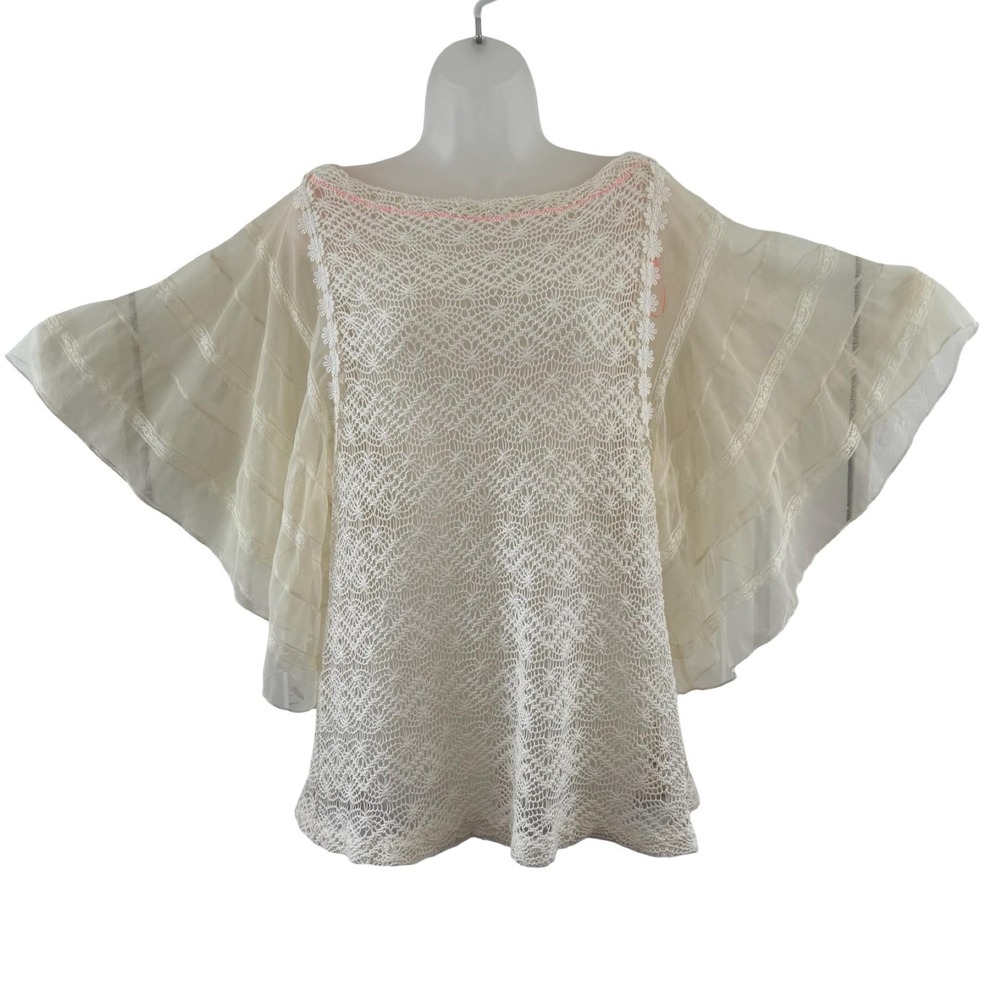 Free People New Romantics Blouse Womens L White Crochet Kimono Top Boho Ethereal